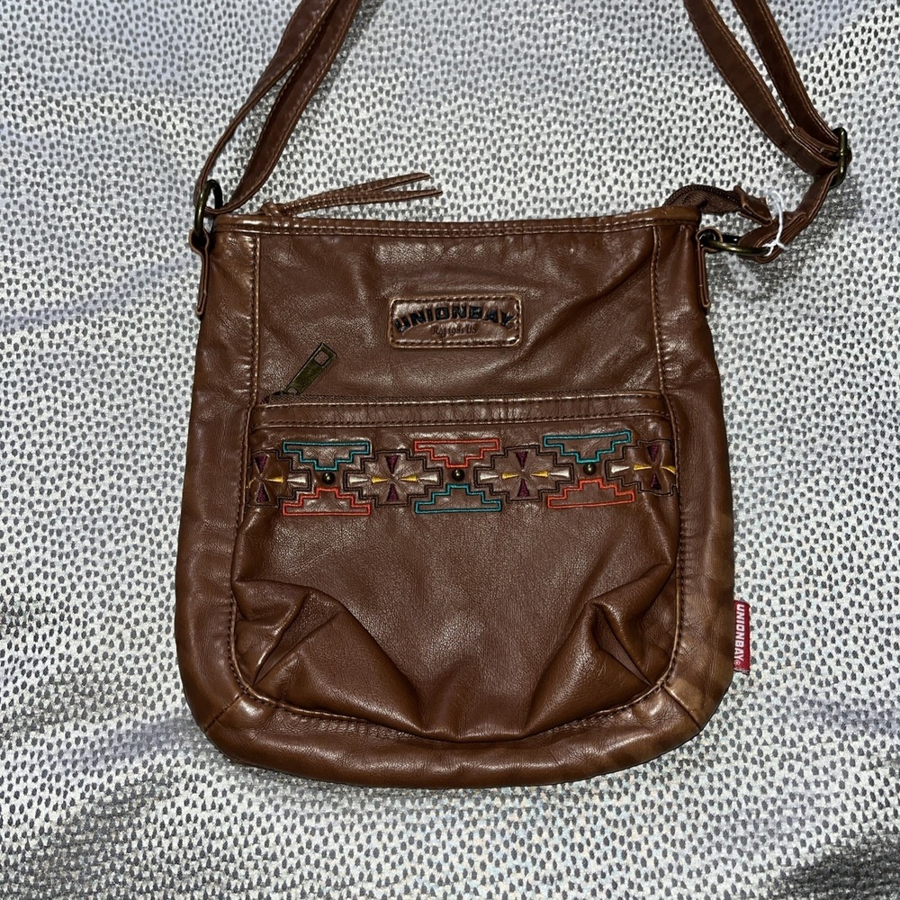 UNIONBAY Geometric Crossbody Bag Blue Brown Zipper Pockets Adjustable Straps